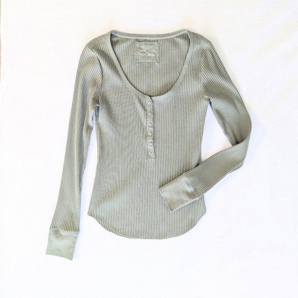 aerie Henley Button Long Sleeve Tee, Olive Green, Small